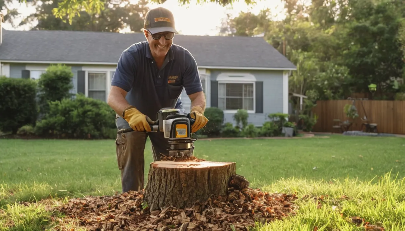 A provider grinding a tree stump in a tidy backyard in Williamson