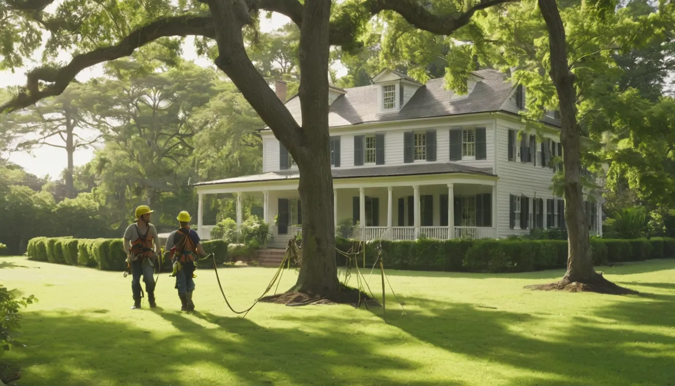 A tree removal provider cutting a large backyard tree in sections beside a colonial home in Williamson